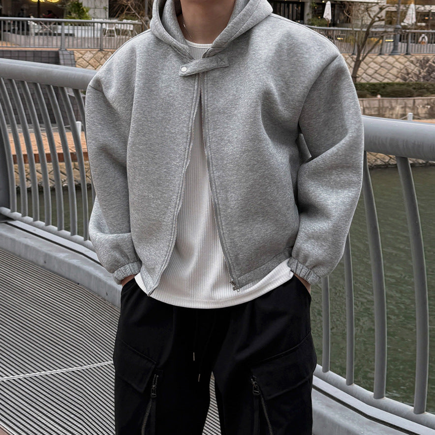 Preppy Style Hooded Cardigan Sweatshirt Men Autumn Loose Casual Short Coat Commute Outfit