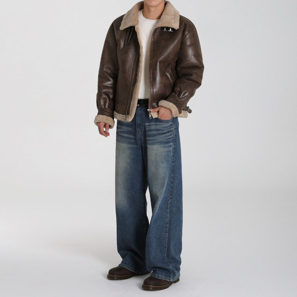 Faux Lamb Wool Turn-Down Collar PU Leather Cotton Coat Men Winter Loose Warm Thickened Cotton Jacket Commuter Outfit