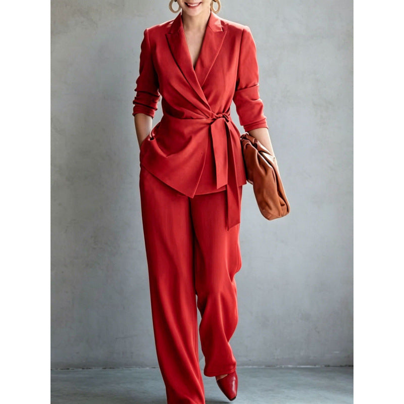 Women's casual solid color suit lace up top and pants two-piece set