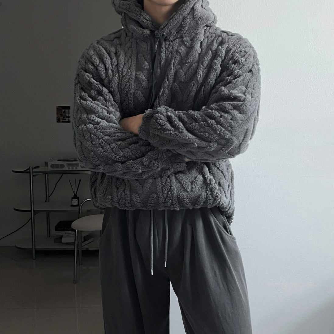 Relaxed Fleece Hooded Sweatshirt for Men Winter Loose Warm Pullover Commute Outfit