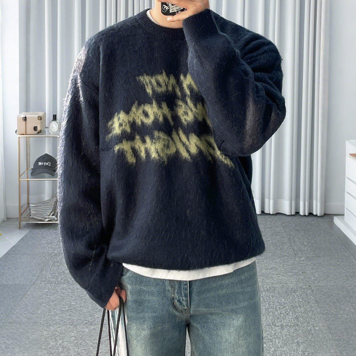 Relaxed Printed Crewneck Sweater Men Winter Warm Knitwear  Commute Lazy Outfit