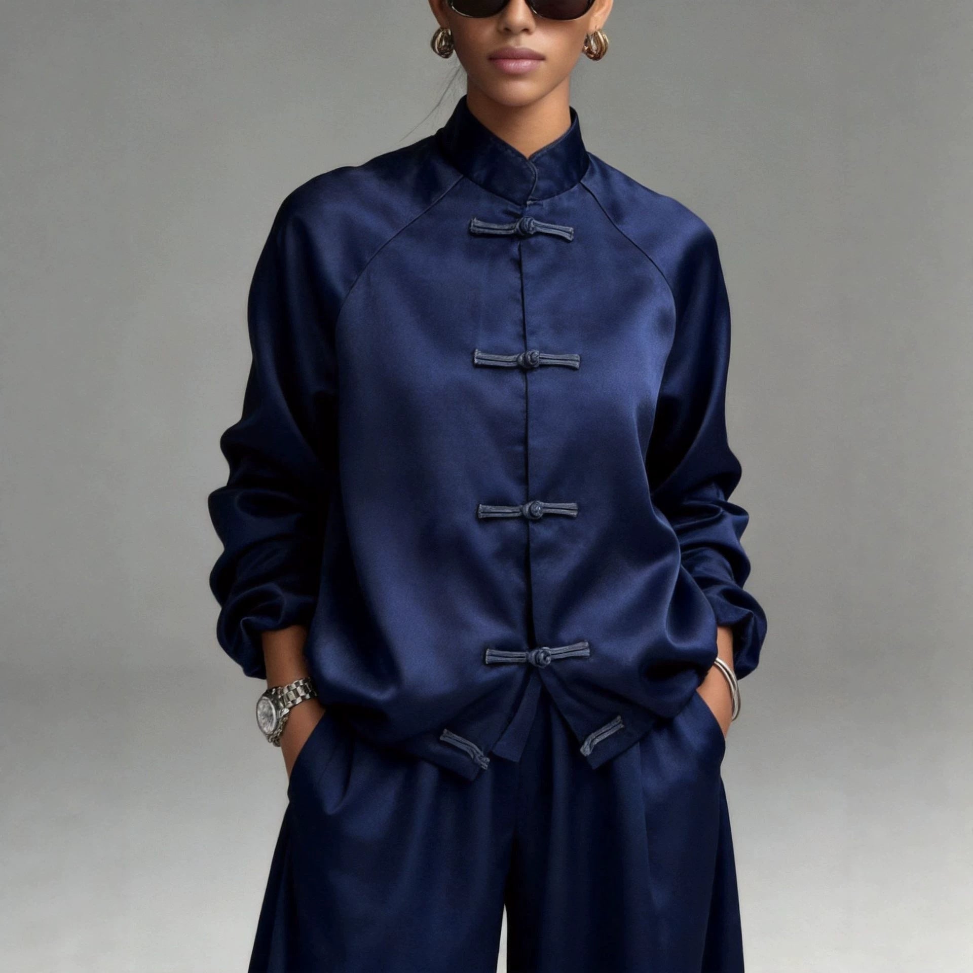Satin set with hanging wide leg pants and drawstring two-piece set