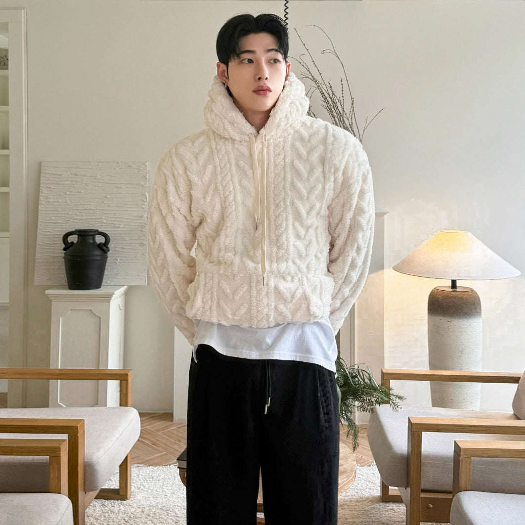 Relaxed Fleece Hooded Sweatshirt for Men Winter Loose Warm Pullover Commute Outfit